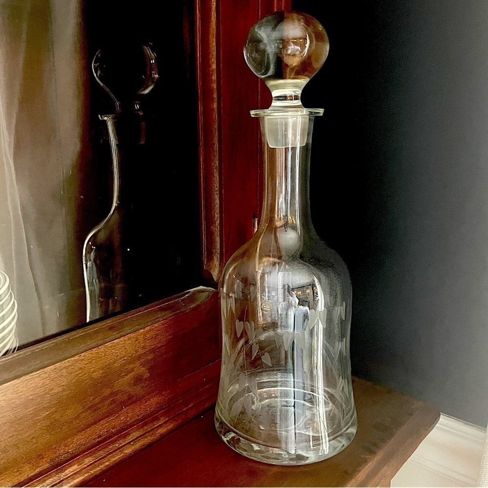 Vintage Romanian Handcrafted Etched Glass Decanter – Danish Design, Heart Motif